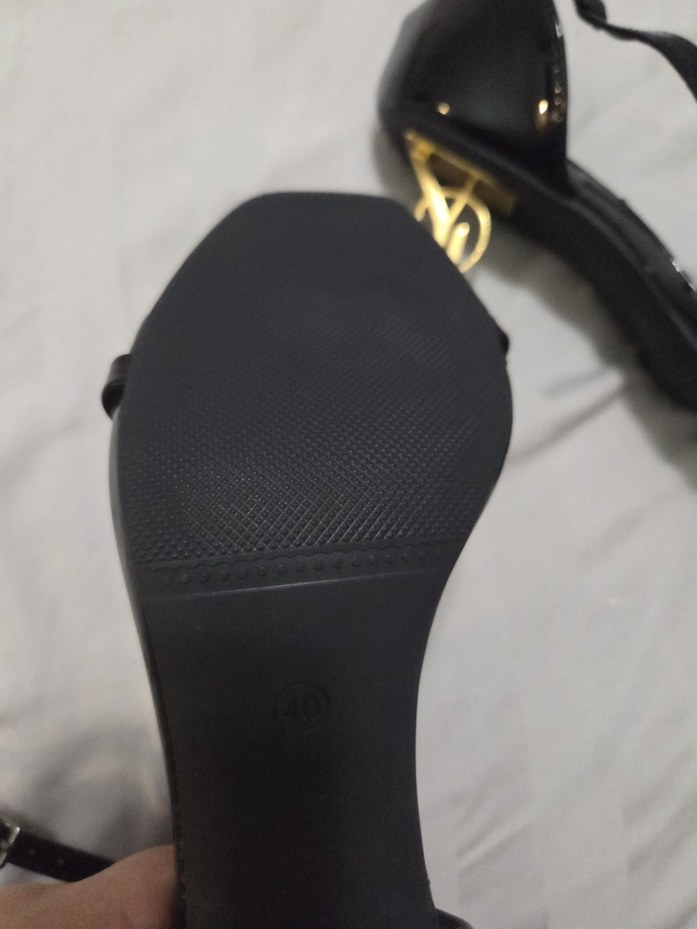 No Brand. Designer Inspired. Leather Heeled Sandals with Gold Logo Heel - Picture 8 of 8